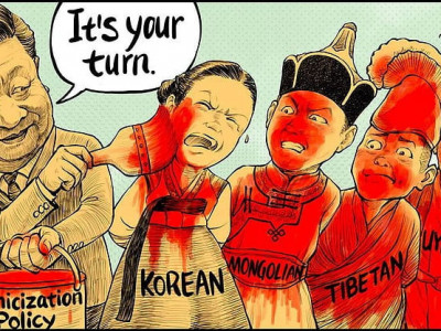 중국 출신 만화가가 그린 만평 (베이징 올림픽 한짤 요약)이라고