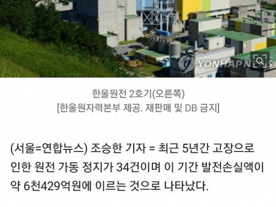 최근 5년간 원전 고장 정지 34건…발전 손실 6천억원대