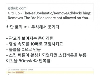 유투브의 애드블록 차단기능을 차단하는 스크립트.jpg